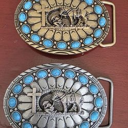 New Western Oval Cowboy Praying At Cross Horse Turquoise Color Accents Belt Buckle All Sold Separately SHIPPING AVAILABLE 