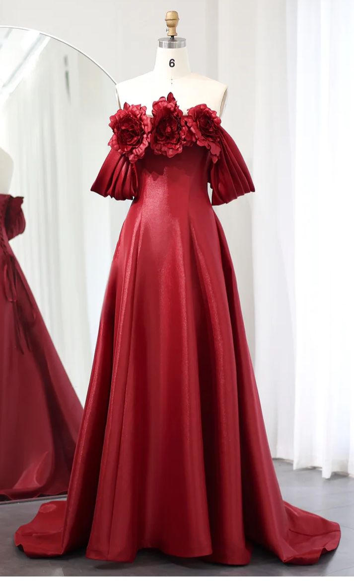 Elegant Burgundy Satin Off Shoulder Evening Dress 
