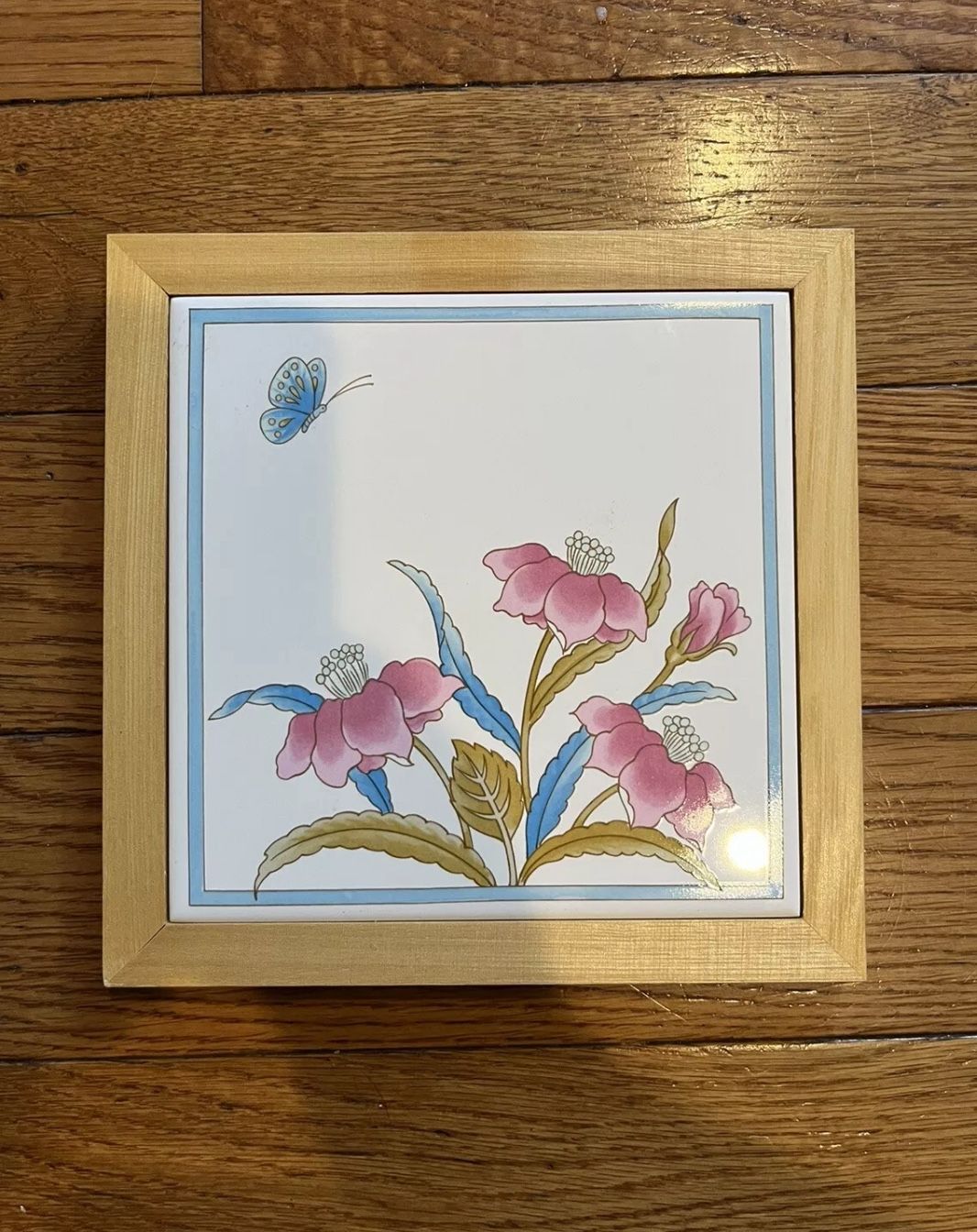 Ceramic Tile Trivet Hot Pot Holder Floral Butterfly Japan Flowers Vintage Retro