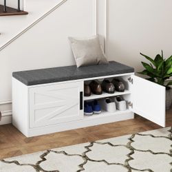 Minor Crack Assembled New Shoe Storage Bench with Cushion 2-Tier Entryway Bench w/2 Barn Doors 