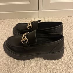 Women’s Black Loafers With Gold Buckle