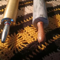 Antique Bread Rolling Pins Set Of 2. 1 Is Marble With Wooden Handle And The Other Is Gold Plated With Gold Plated Handles Cash Upon Pickup 