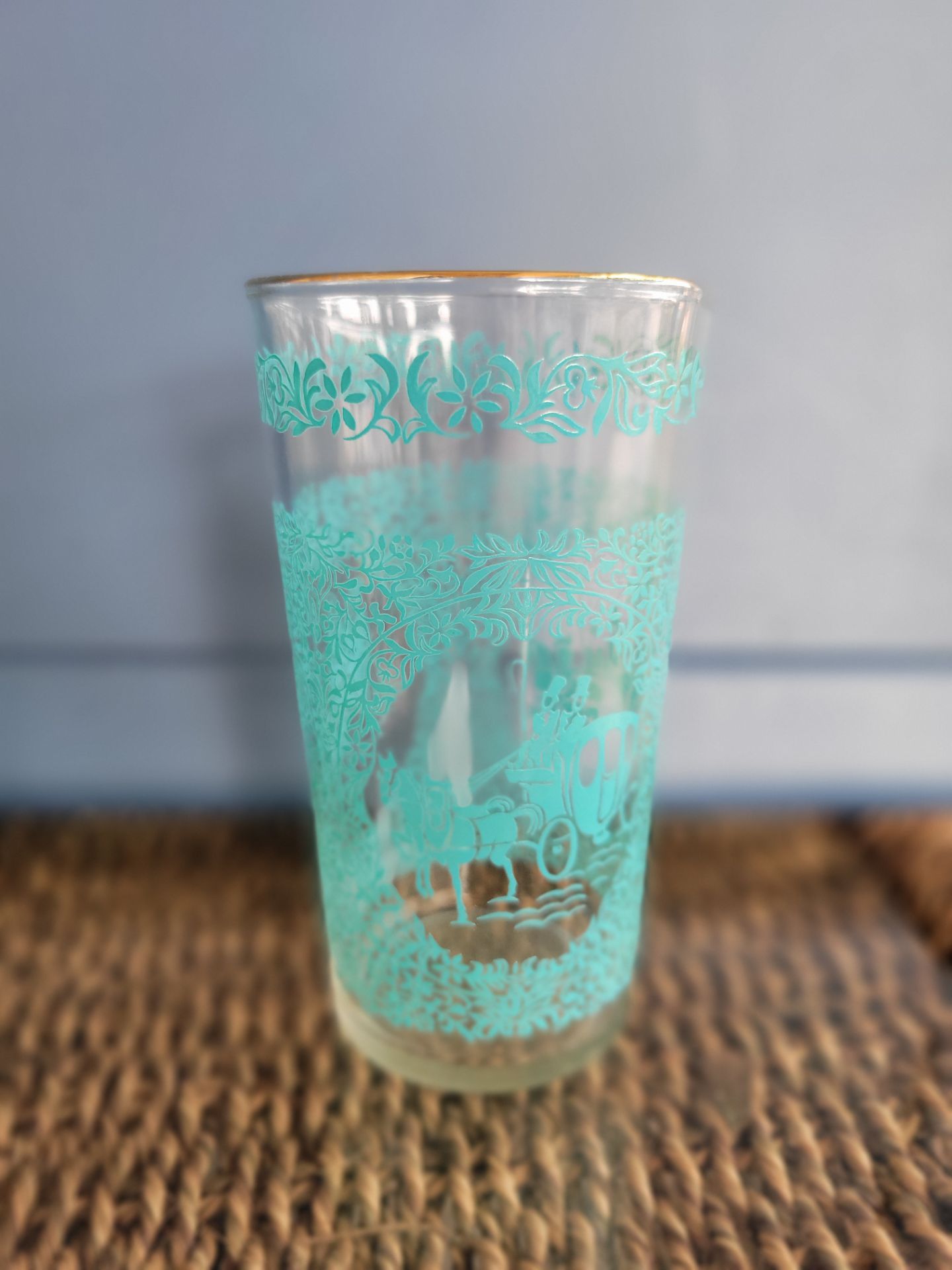 Vtg. Hazel Atlas Monticello Turquoise Drinking Glasses, Horse/Buggy Images Set of 6