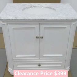36”white single sink bathroom vanity with carrara white marble stone top