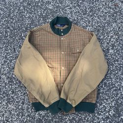 VINTAGE 80s 90s Polo Ralph Lauren Plaid Wool Bomber Jacket Beige Green Mens Size m