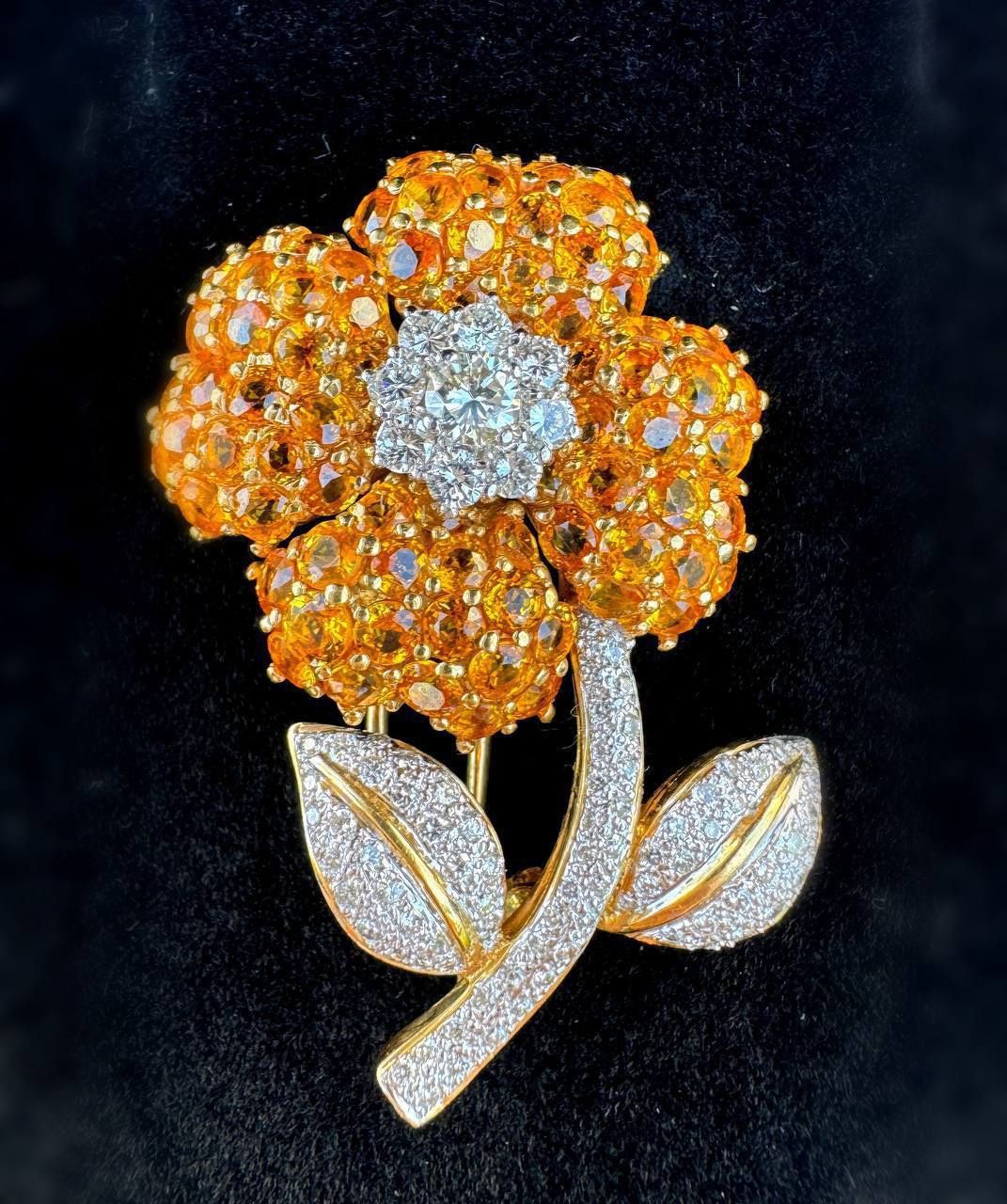 18k solid yellow gold Flower diamonds yellow sapphire 6CTW pin brooch