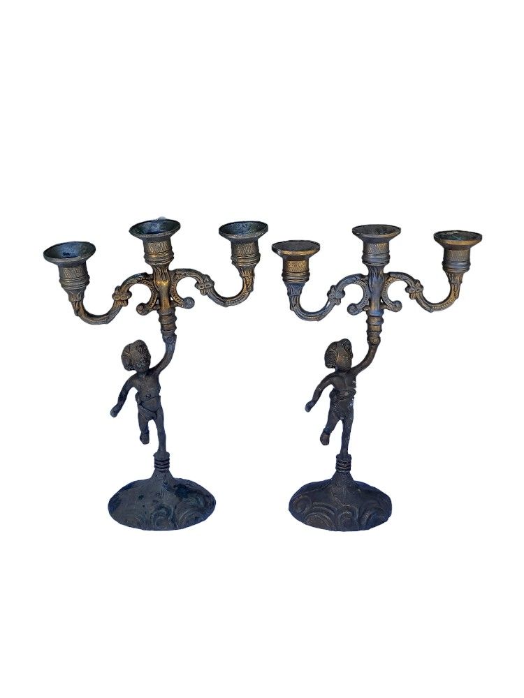 Pairs Vintage metal candlesticks 3 branches, candelabra, vintage metal candlestick, candlestick candlestick, Mid Centuy, 1950