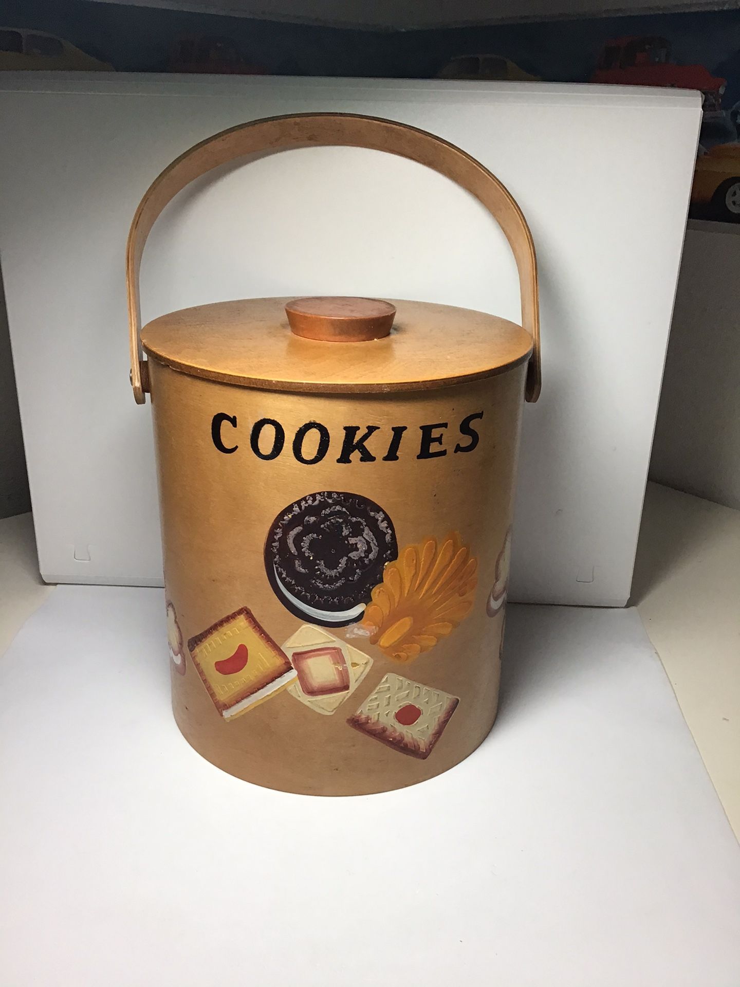 Vintage 1960s Bentwood Hand Painted Wooden Cookie Jar with Lid