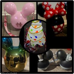 Disney Parks Popcorn Bucket Lot - Mickey & Minnie Holiday, Light-Up Tree, & Balloons