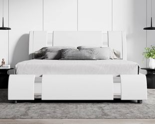 Queen size Upholstered Platform Bed Frame with Metal Decor and Adjustable Headboard