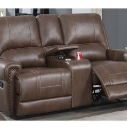 Brand New Brown Leatherette Loveseat With Storage  Cup holders 
