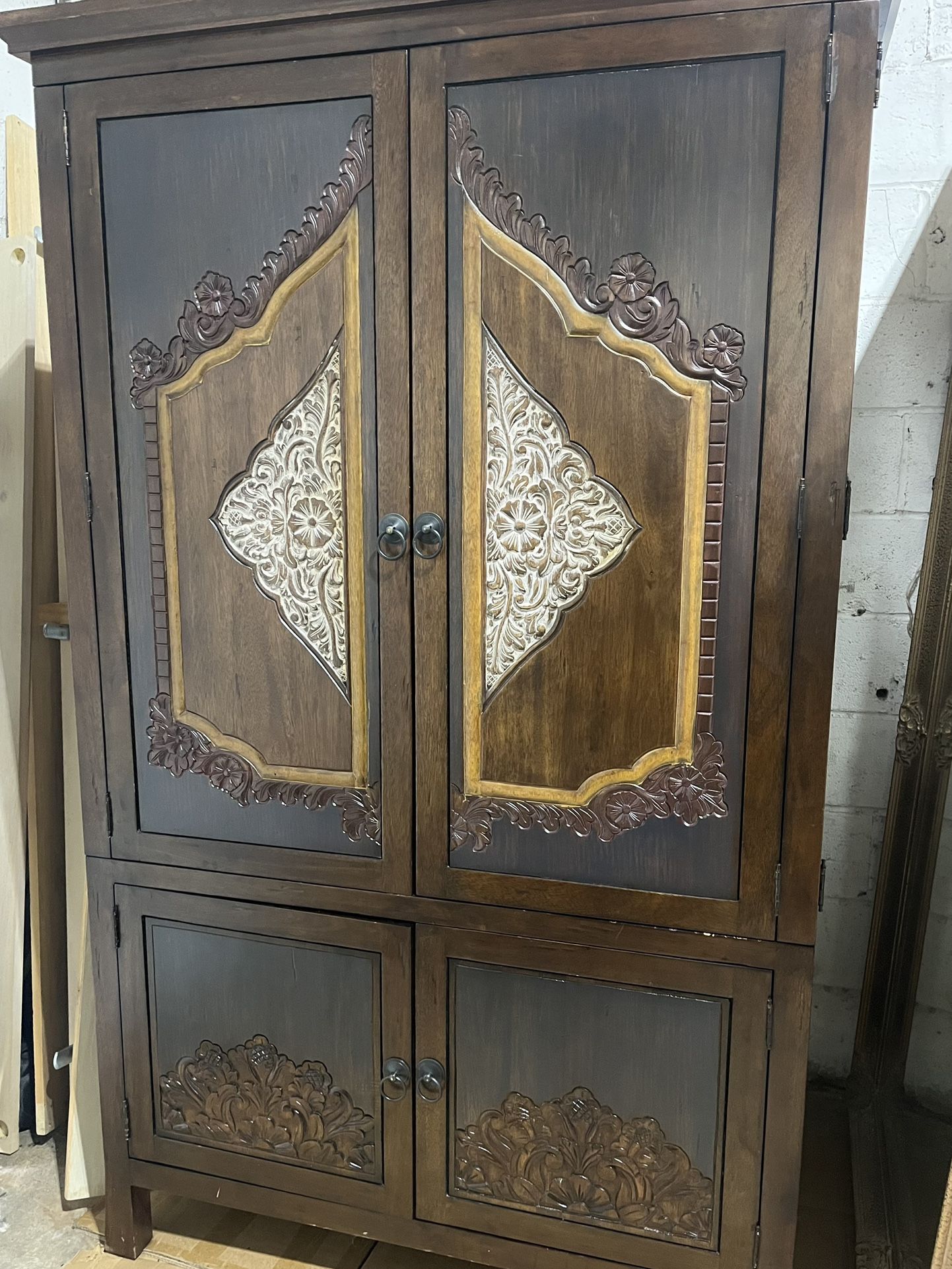 Solid Wood Hand-Carved Armoire Cabinet – Rustic Boho Design