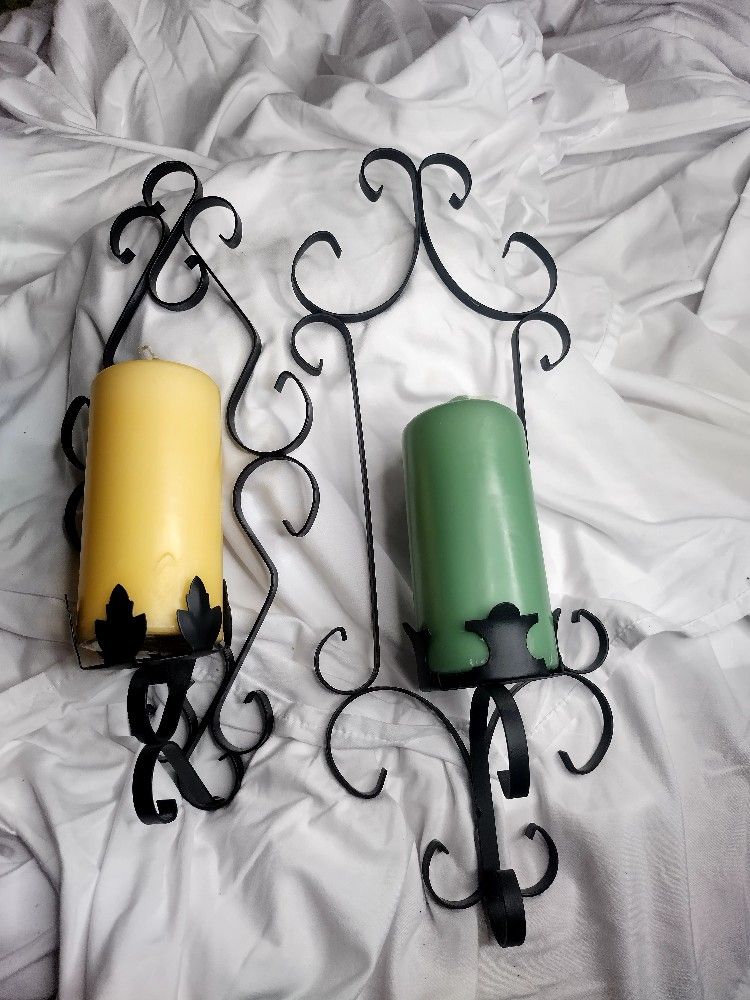 Pair Of Spanish Style Pillar Candle Holders With Candles