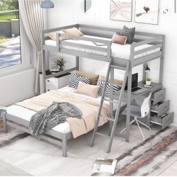 Twin over Full Bunk Bed with Desk and Drawers for Kids & teen