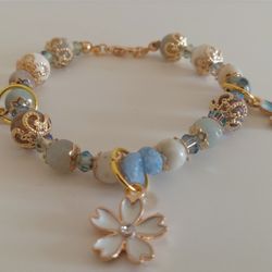 Aquamarine, White Amazonite, Blue Amazonite Blue and White Cherry Blossom Bracelet