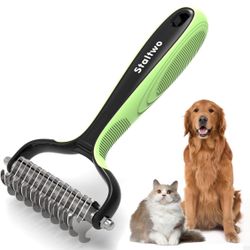 Pet Grooming Supplies - 2-in-1 Professional Undercoat Rake and Pet Brush | Long-haired Dog and Cat Depilator, Green and Grey