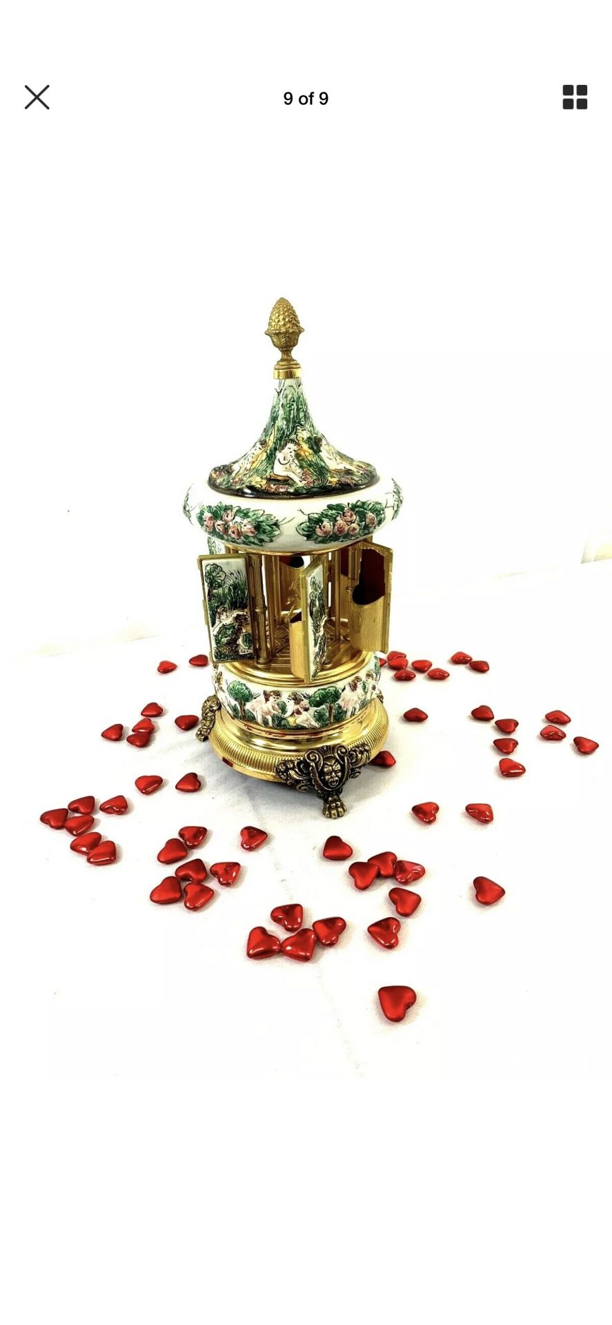 Vintage C.1960's Rouge Italian Porcelain Capodimonte Hand-Painted & Brass  Musical Box Carousel Revolving Cigarette, Lipstick Holder
