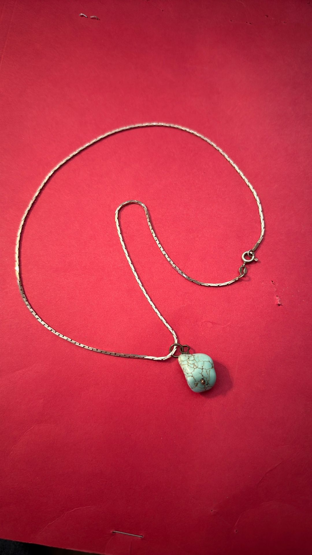 • Turquoise Nugget On Silver Stamped Chain--19 Inches Length