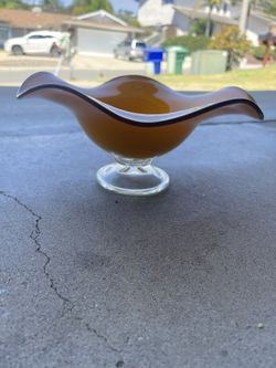 Teleflora Hand Blown Bright Orange/Gold Compote Vase Bowl Dish 80"s Ruffled Fall