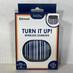 NEW Packed Party Bluetooth Wireless Earbuds Blue Stripe Water-Resistant Open Box