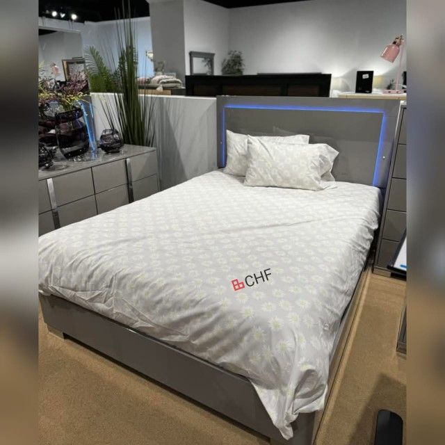 Light Taupe / White / Black LED On Headboard Queen / Eastern King Size Bed Frame - Mattress Sold Separately