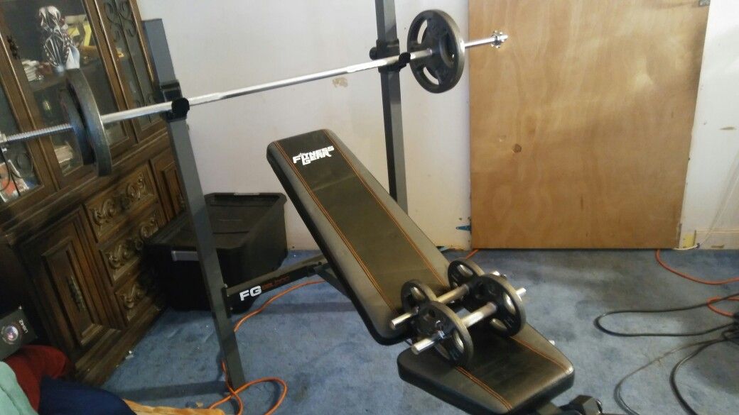 Fitness Gear incline bench & flat, leg press, bars & 95lbs of steel weights