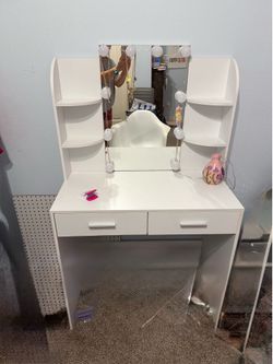 usikey Vanity Desk with Mirror & Lights, Makeup Vanity Table with 2 Large Drawers, 6 Storage Shelves & Stool, Bedroom Dressing Vanity Table with 3 Col