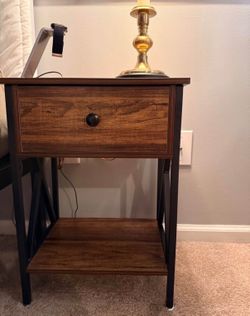 Modern Dark Wood Grain Nightstands, Brown & Black Wood/Metal, 1 Drawer + Open Shelf