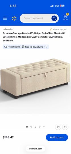 Ottoman Storage Bench 48", Beige, End of Bed Chest with Safety Hinge, Modern Entryway Bench for Living Room, Bedroom