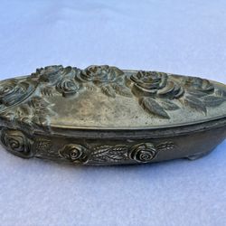 Vintage Antique Godinger Oval Silver Plated Jewelry Box Rose Design Keepsake
