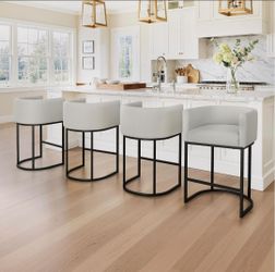 LUE BONA Counter Height Bar Stools Set of 4, Modern Barrel Counter Stools with Backrest and Arms, Black Metal Frames, Linen Fabric Upholstered Accent 