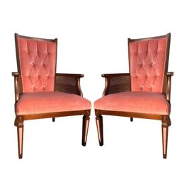 Vintage Mid Century Salmon Pink Velvet Tufted Highback Cane Rattan Accent Dinning Chair Set, Pink Se