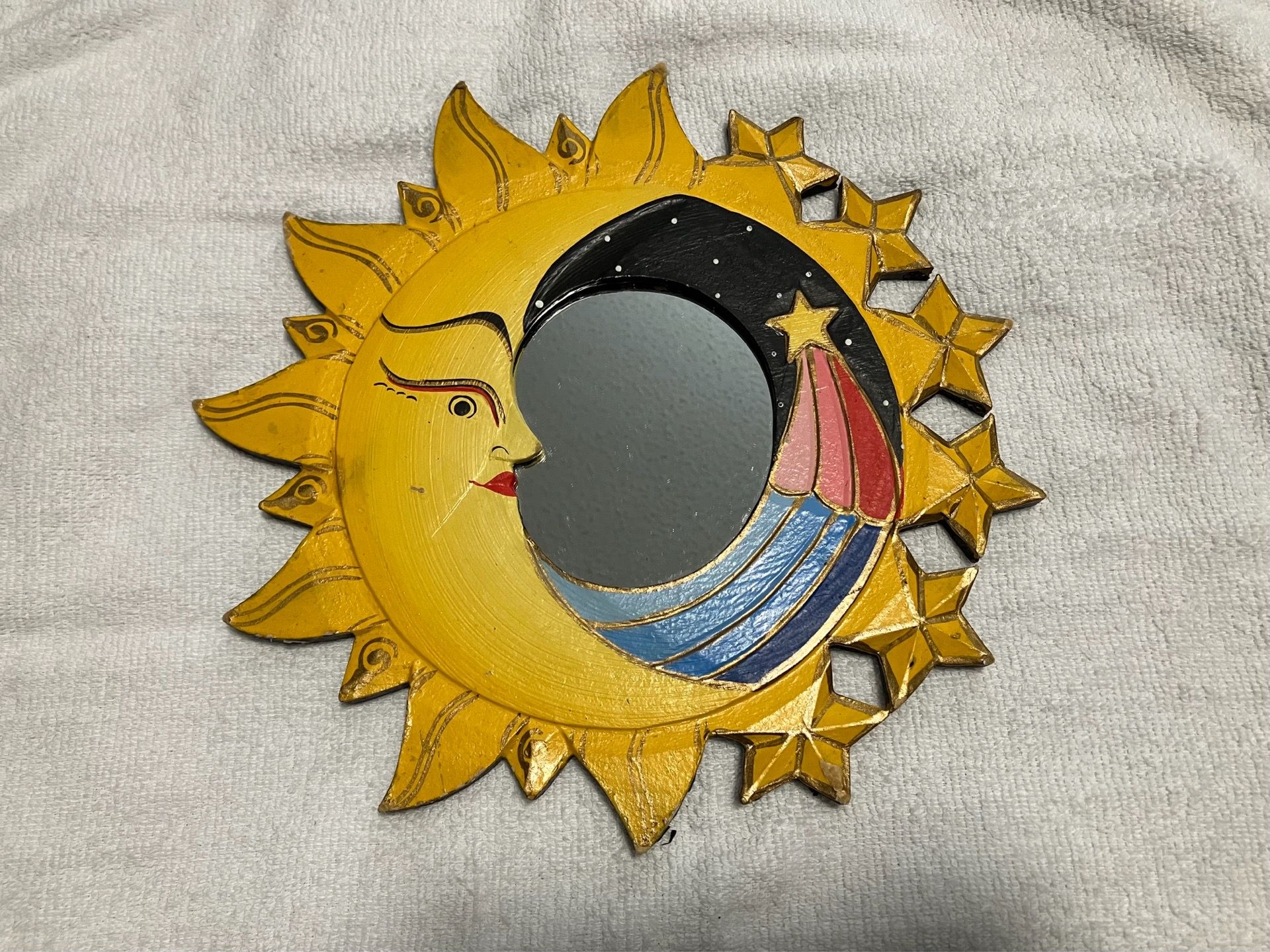 Vintage 90’s “Whimsygoth” Hand-painted Hand-carved Wooden Celestial Sun Moon Stars Mirror