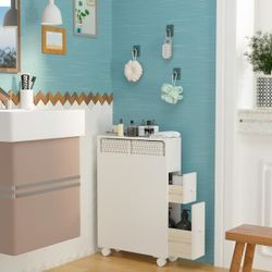 Freestanding Wooden Storage Cabinet with Storage Basket  (See Note)