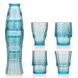 4-PCS SET Blue Stackable Fish Glasses BRAND NEW