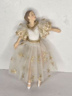 Vintage Ballerina Christmas Ornament White Gold Tulle Star Dress Dancer Decor