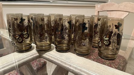 Butterfly Glass Set (10) - Smoky Glass, Excellent Condition