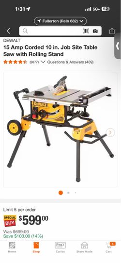 DEWALT 15 Amp Corded 10 in. Job Site Table Saw with Rolling Stand brand new $450