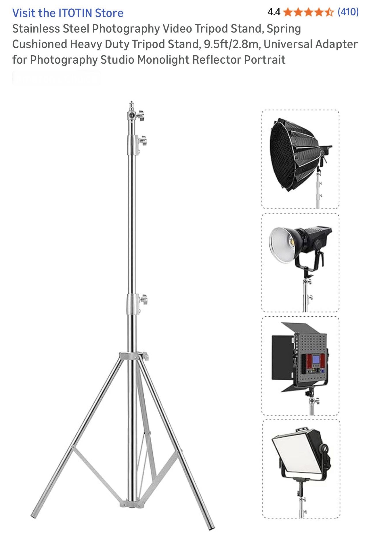 $30 Brand New Stainless Steel Photography Video Tripod Stand, Spring Cushioned Heavy Duty Tripod Stand, 9.5ft/2.8m, Universal Adapter for Photography
