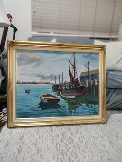 Nautical Harbor with Cityscape Painting (Signed)