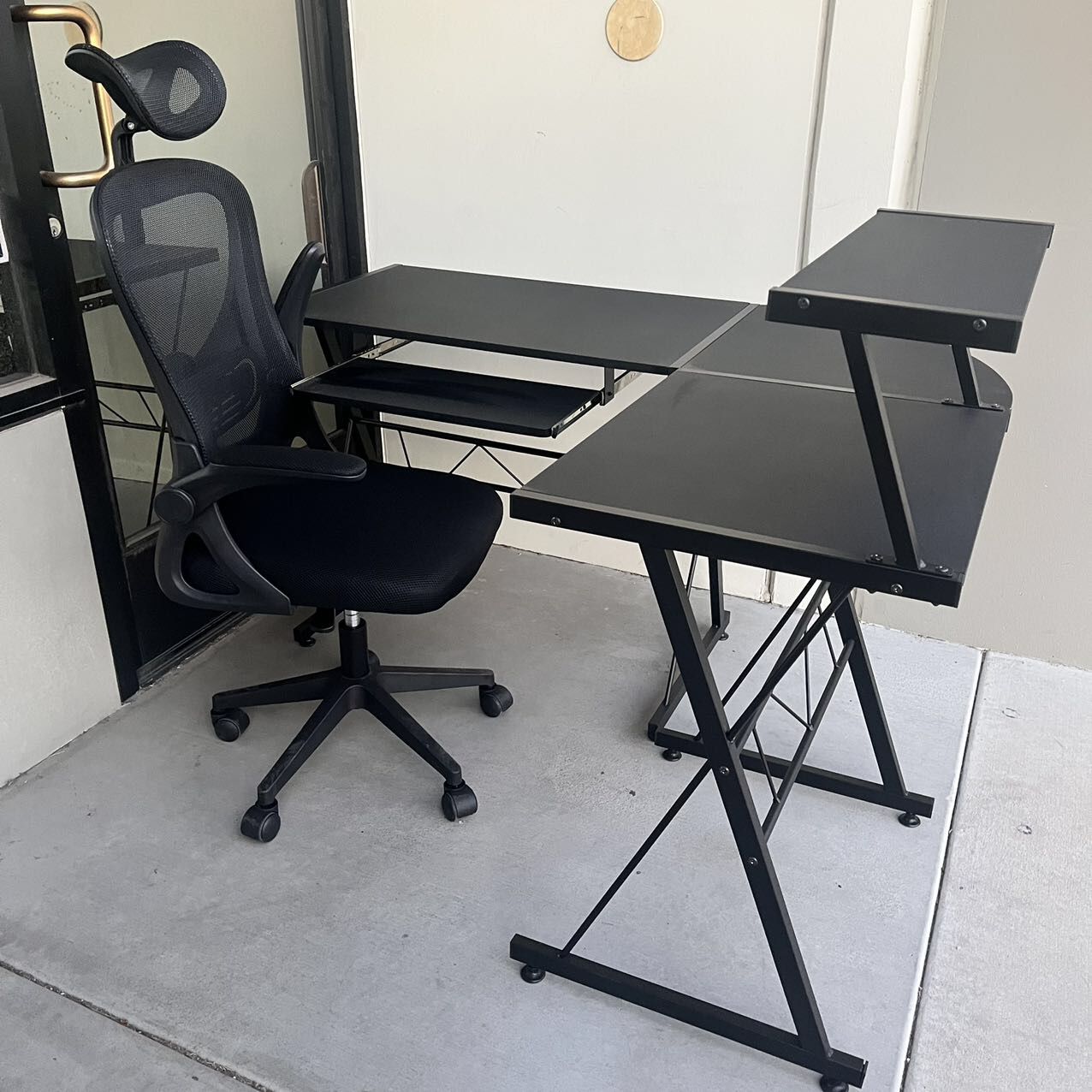 New L Shape Office Computer Desk Table Black With Mesh Chair Furniture Set Combo 