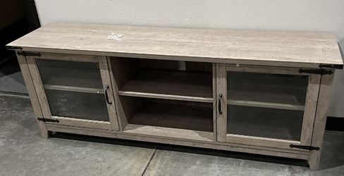 Farmhouse TV Stand – Glass Doors, Open Shelves – Gray