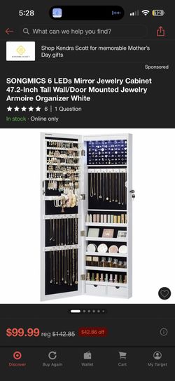 Songmics 47.5 Lockable Led Jewelry Cabinet