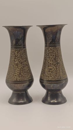 Pair of Brass Engraved Floral Vases