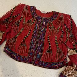 Vintage Laurence Kazar Silk Beaded Cropped Evening Jacket Red Tassel pattern Med