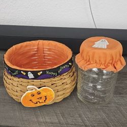 Longaberger Halloween Basket With Liner, Protector, And Pumpkin Tie-On AND A Blue Ribben Collection Glass 1Qt. Canning Jar