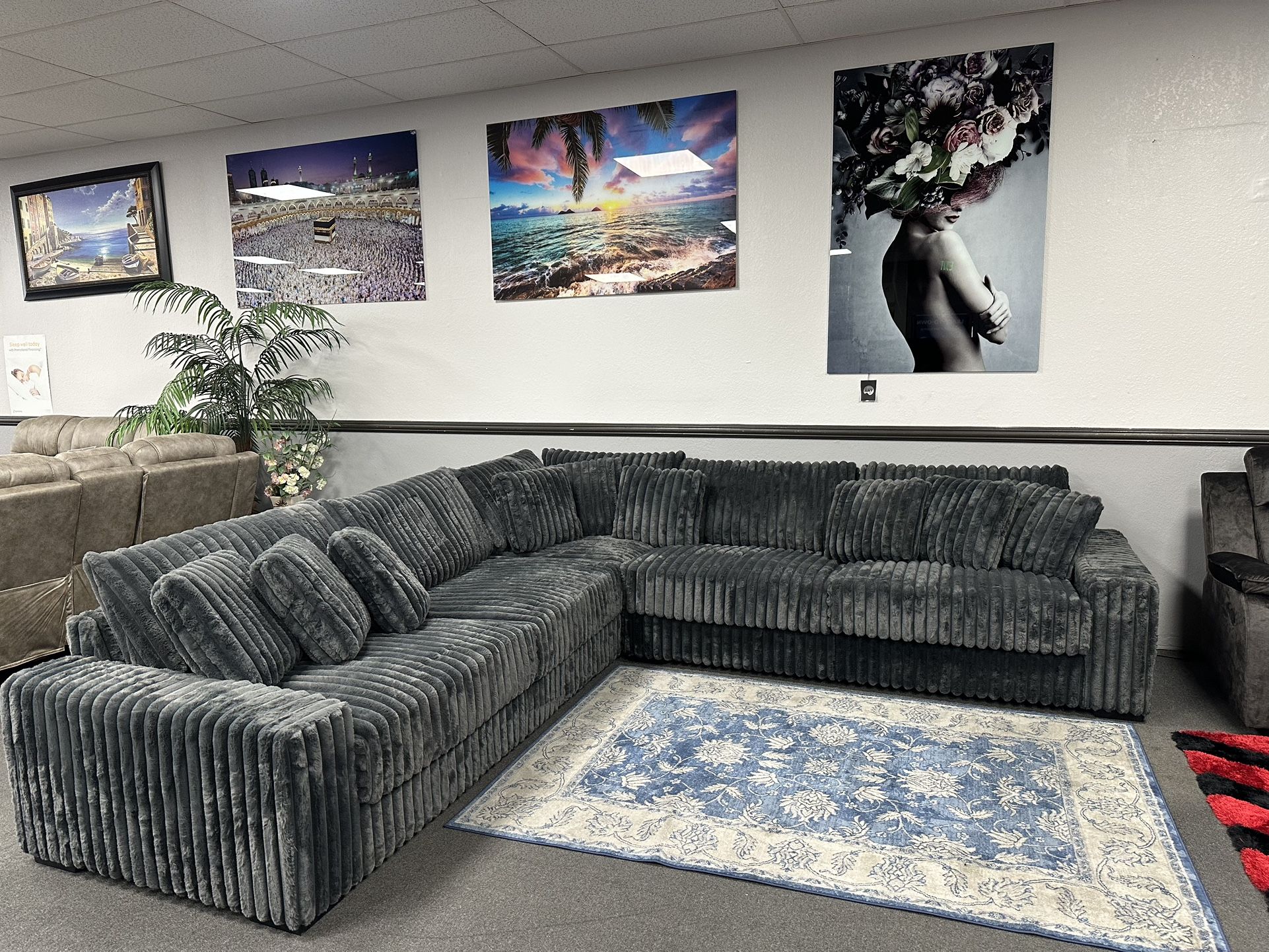 L Shape Sofa Sectional Deep Cushions Dark Gray