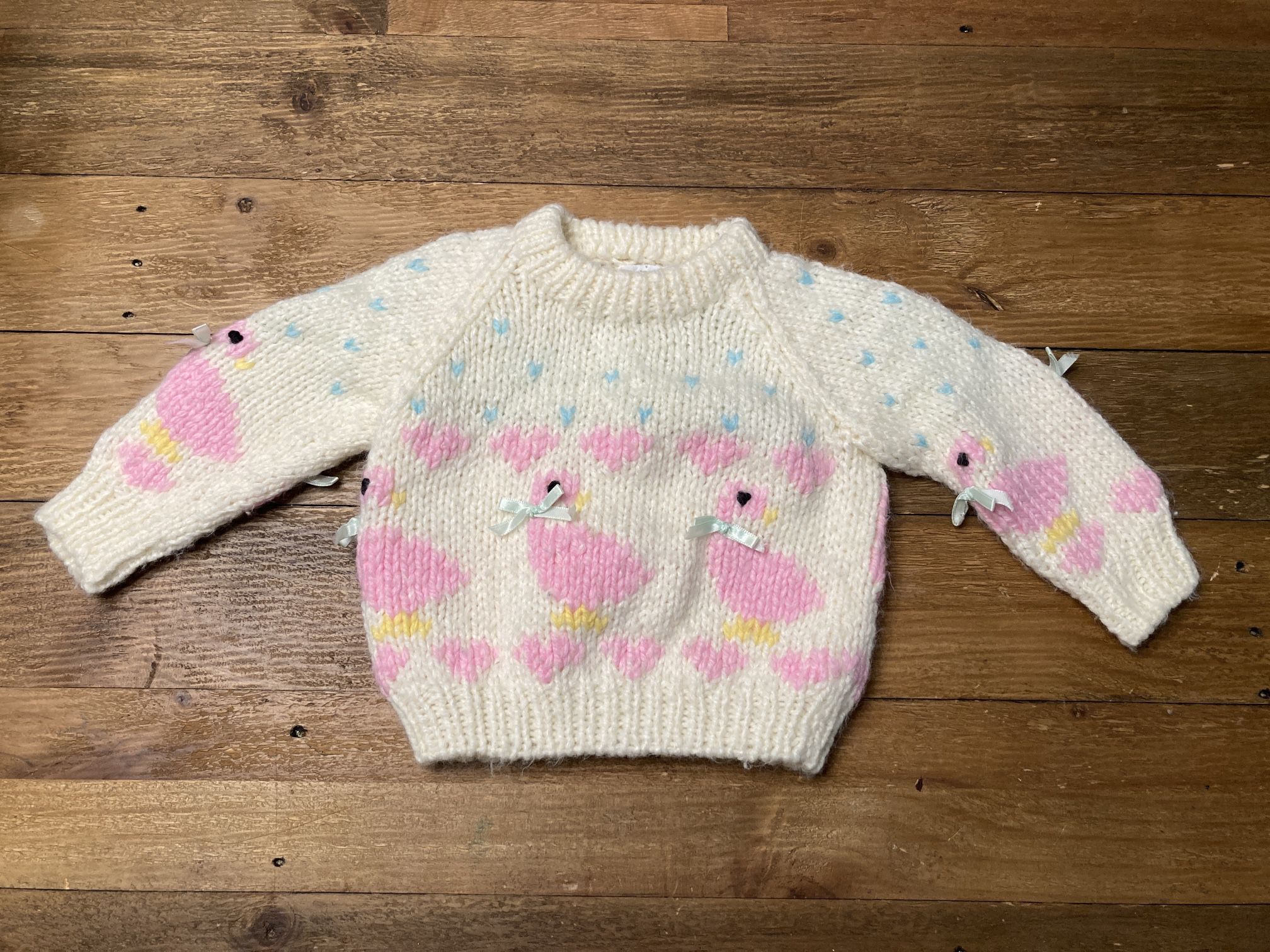 Mine Alone 3/6 month baby sweater vintage duck bow Easter spring pink blue cream