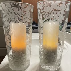 Elegant Etched Glass Hurricane Vases w/ LED Candles – Set of 2 