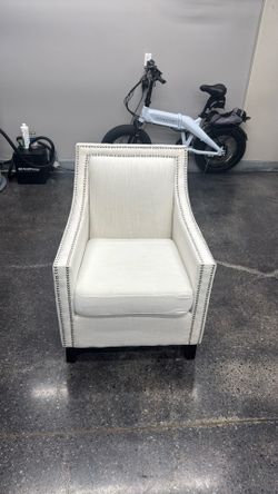 white fabric arm chair brushed nickel